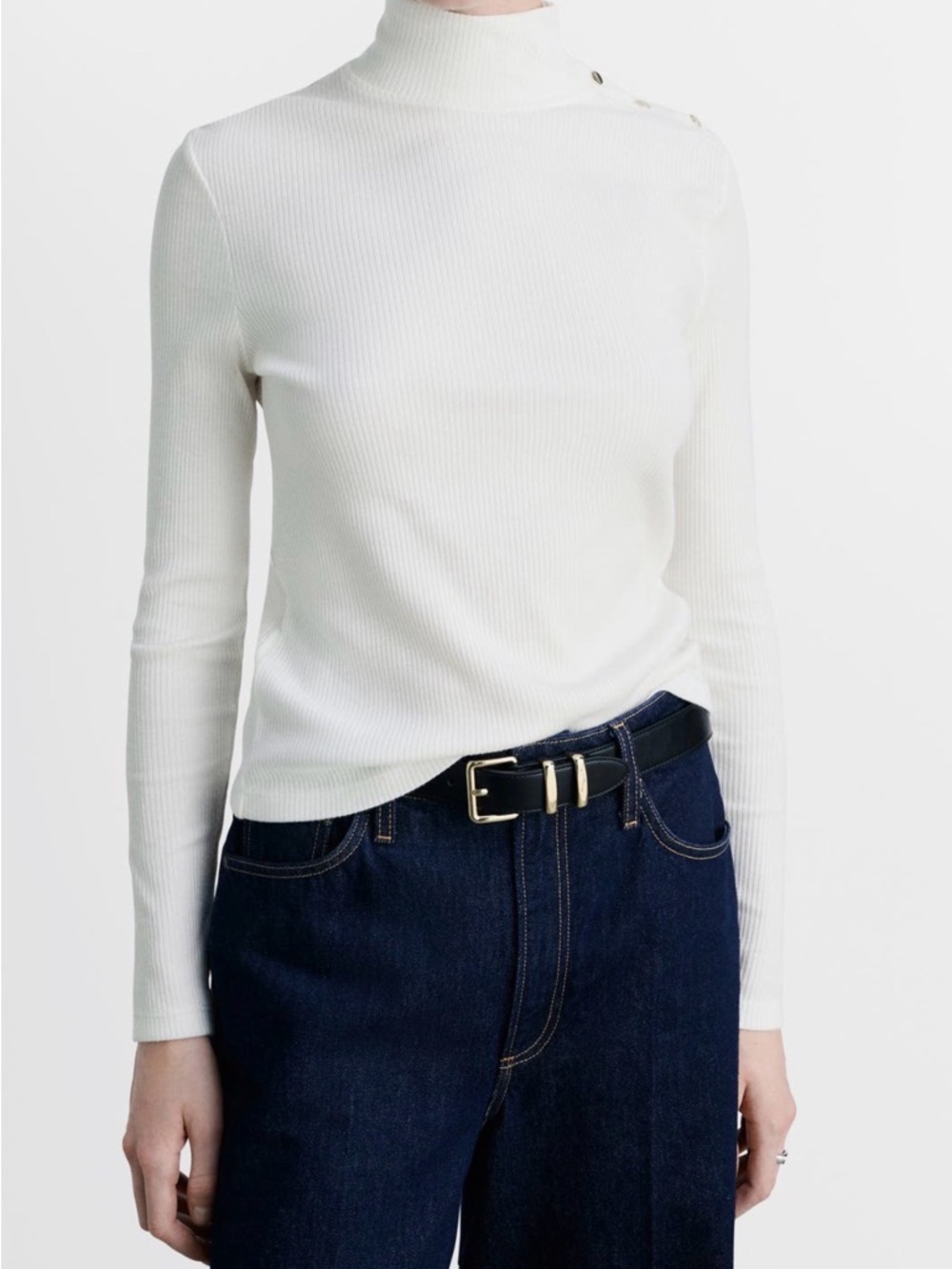 Mango Mock Neck Long Sleeve Rib Sweater White Medium Snap Neck Top